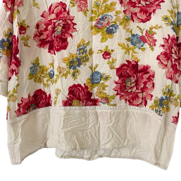 J Jill Petite L Cottage Floral Tunic Boho Boxy Blouse 3/4 Sleeve Lace Trim Rayon - Picture 8 of 16